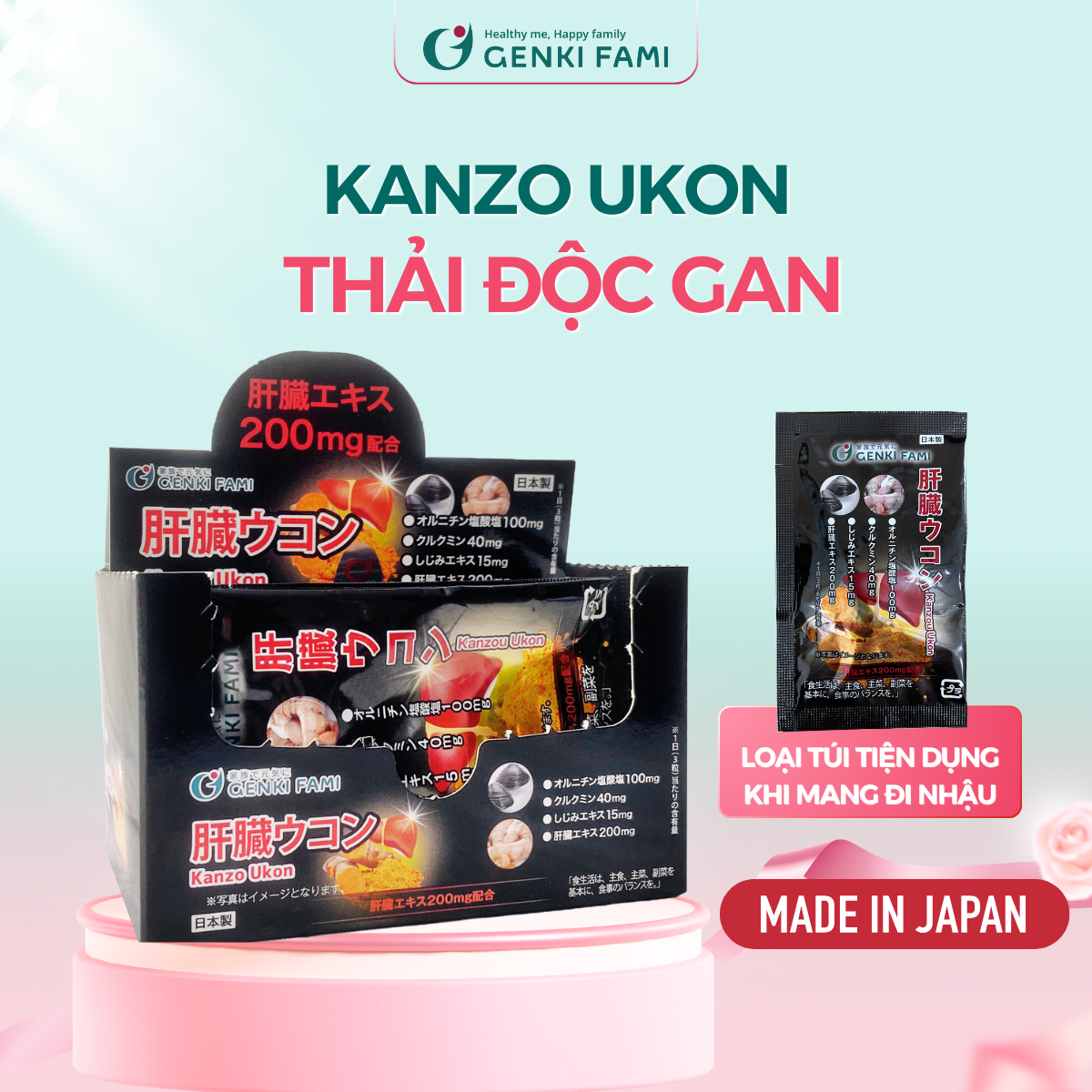   Date T2 2026  Viên Uống Bổ Gan Giải Rượu Kanzo Ukon Hộp 30 Viên Genki Fami Nhật Bản 