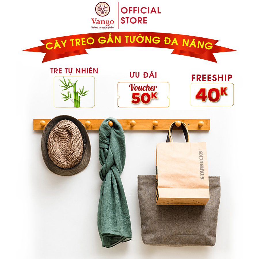 Giá móc treo quần áo gắn tường gỗ tre tự nhiên cao cấp Vango V20, Sơn phủ bóng chống nước, chống mối mọt cực tốt