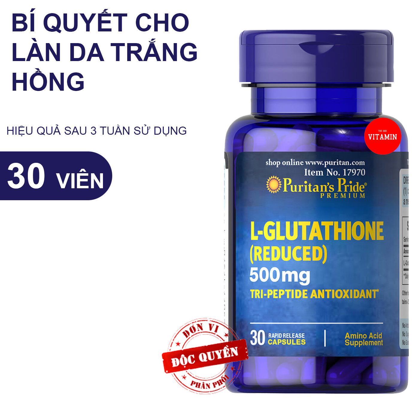 Viên uống glutathione 500mg  giúp trắng da chống lão hóa tốt hơn dạng kem serum mặt nạ L Glutathione Puritan's Pride 30 viên