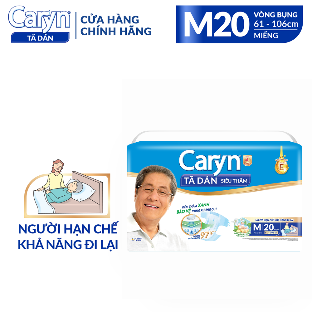 Tã Dán Người Lớn Caryn Siêu Thấm Size M - 20 Miếng Gói Đại Dành Cho Người Hạn Chế Khả Năng Đi Lại