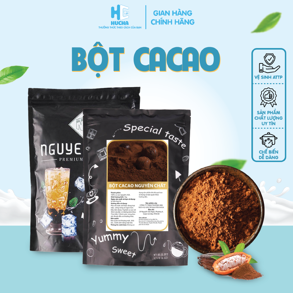 Bột ca cao nguyên chất 100% Hucha bịch 1kg, nguyên liệu Hucha