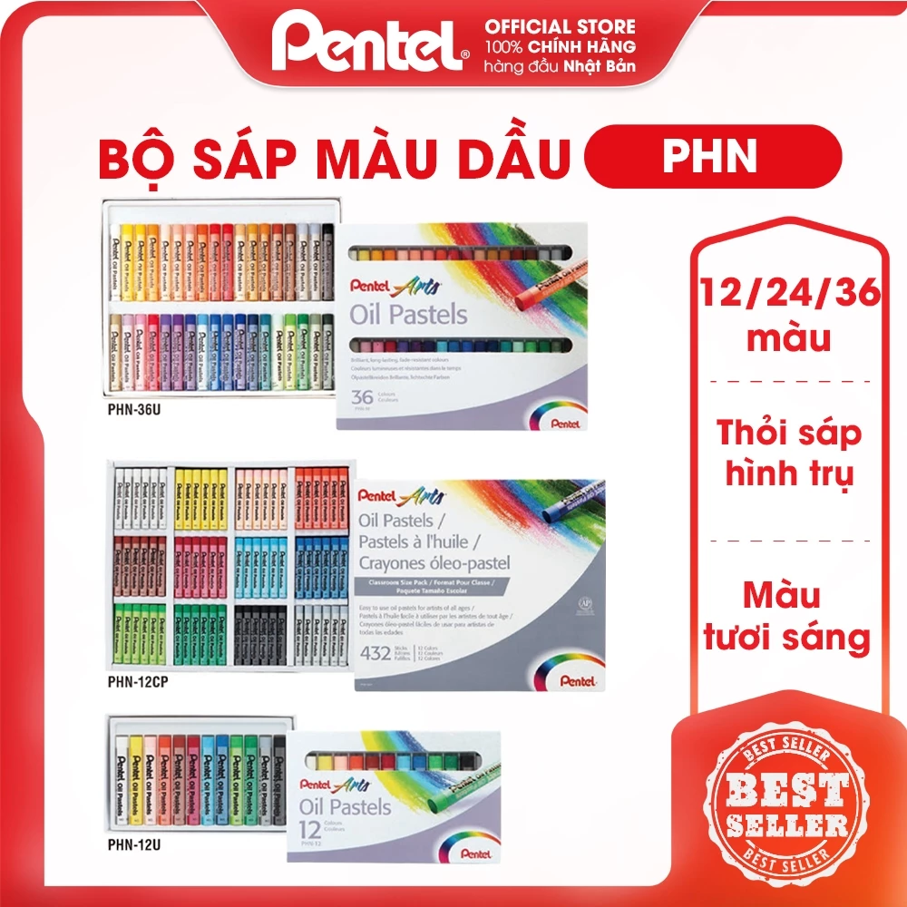 Phấn Sáp Màu Dầu Nhật Bản Pentel Oil Pastel PHN Bộ 12/16/25/36/50 Màu | Màu Sắc Tươi Sáng | An Toàn Không Độc Hại | Phấn Dầu| Cam kết hàng chính hãng