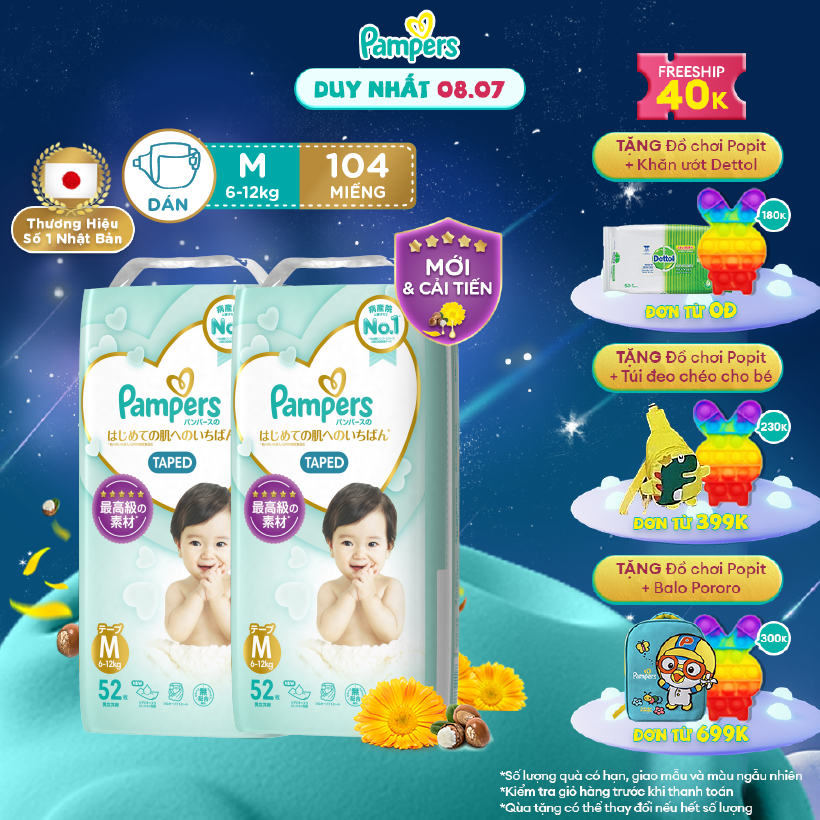 [7.7-9.7 MUA LÀ CÓ QUÀ] Combo 2 Tã/ Bỉm Dán PAMPERS Nhật Thượng Hạng Size M (52 miếng 6-11kg) Siêu Mềm Mịn & Thoáng Khí