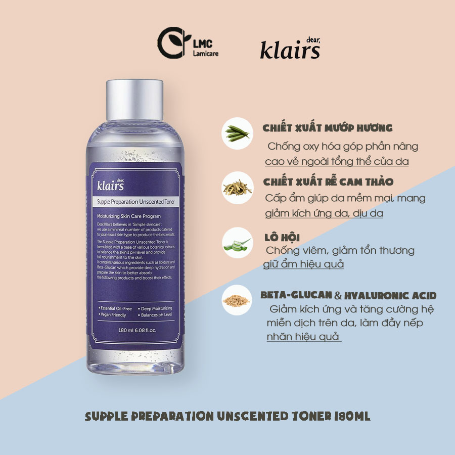 Nước hoa hồng không mùi dưỡng ẩm da và làm mềm da Klairs Supple Preparation Unscented 180ml