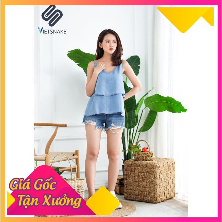 Áo jeans lụa 2 dây bèo tầng