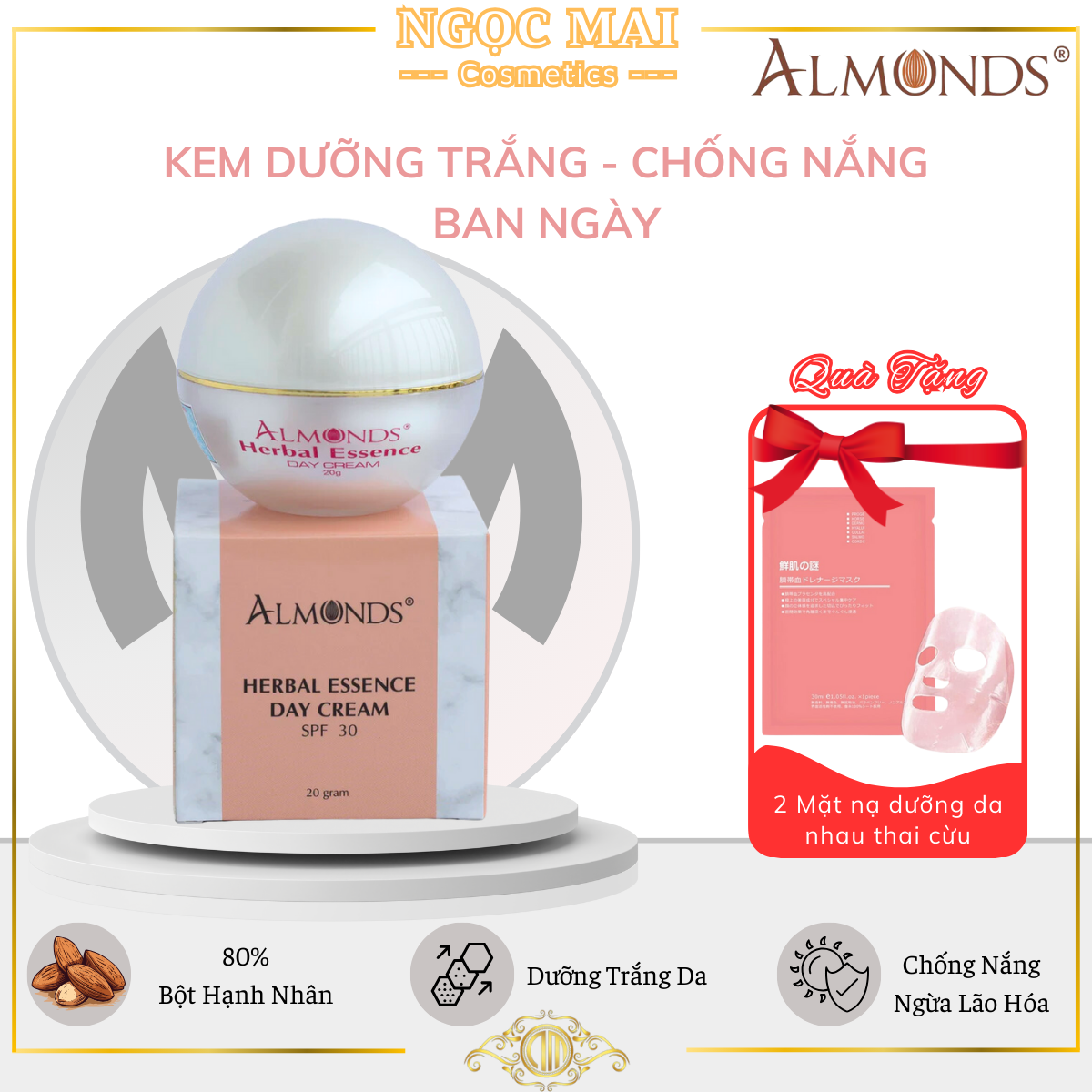 Kem face dưỡng trắng da ban ngày chiết xuất hạnh nhân almonds cosmetics spf 30