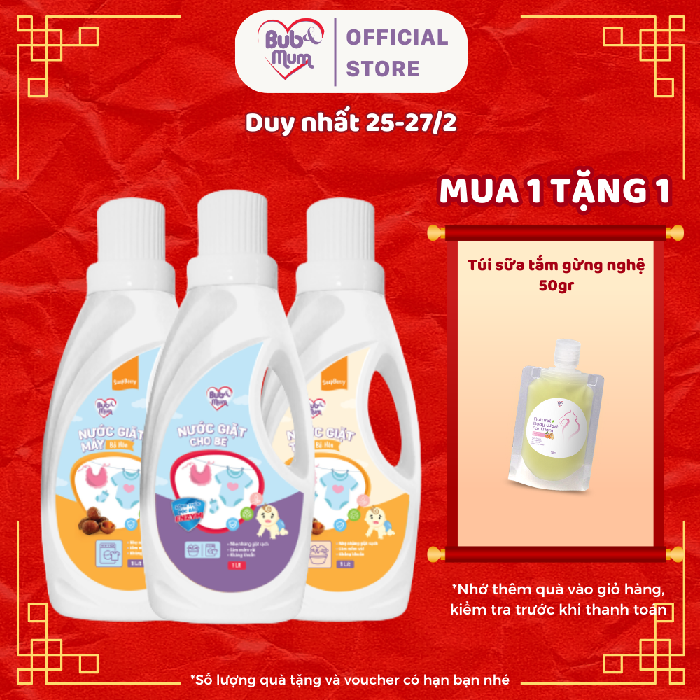 Nước giặt cho bé 1000ml BuB&MuM thành phần thảo dược hữu cơ sạch khuẩn, mềm vải, thích hợp giặt tả và quần áo cho bé