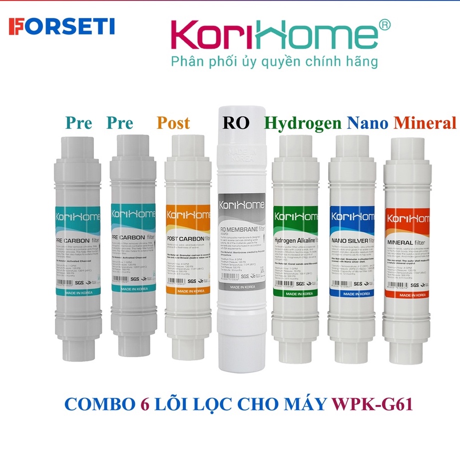 COMBO 7 Lõi lọc nước Korihome chính hãng cho máy Wpk-G61 (2 pre, 1 post, 1 RO, 1 Nano, 1 hydrogen, 1 Mineral)
