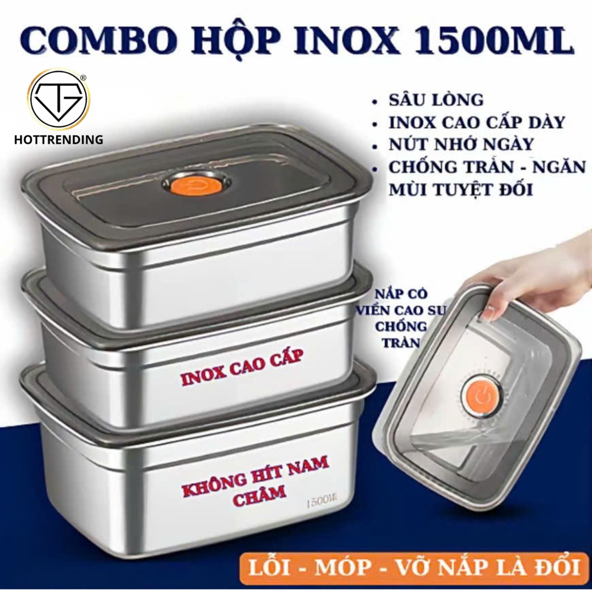 COMBO Hộp Khay INOX 1500ml Có Nắp Kín Nước, Hộp Inox Đựng Đồ Để Tủ Lạnh Ngăn Mùi Kích Thước 19cm x 8.5cm x 13.8cm