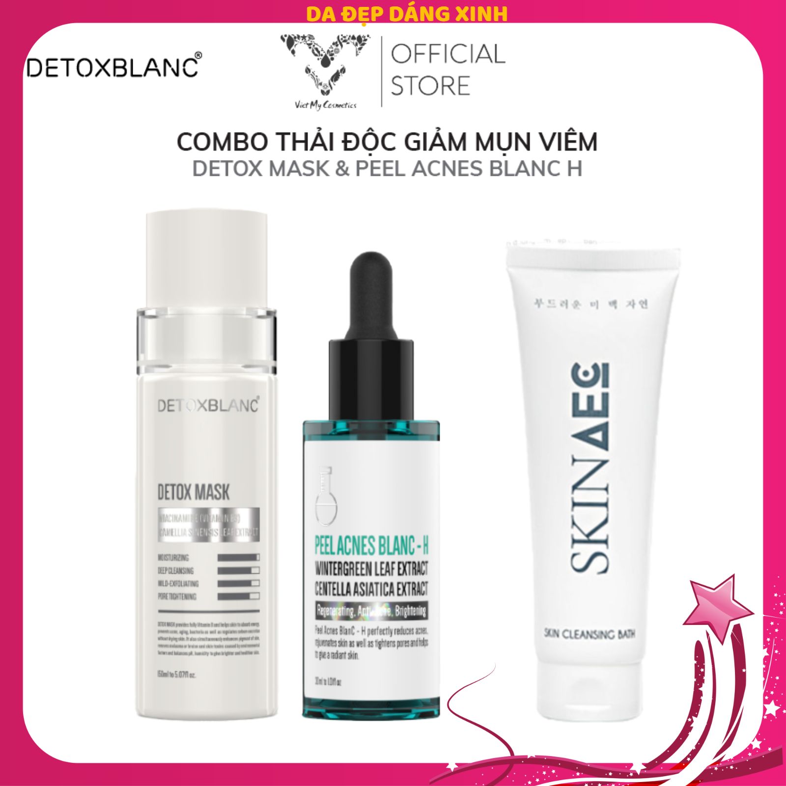 Combo thải độc giảm mụn thâm Detoxblanc Tặng tắm trắng hằng ngày Skin aec 300ml