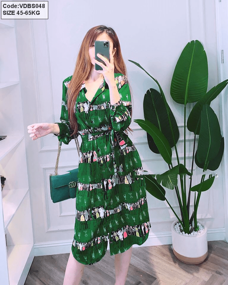 Đầm sơ mi lụa màu xanh lá cây free size