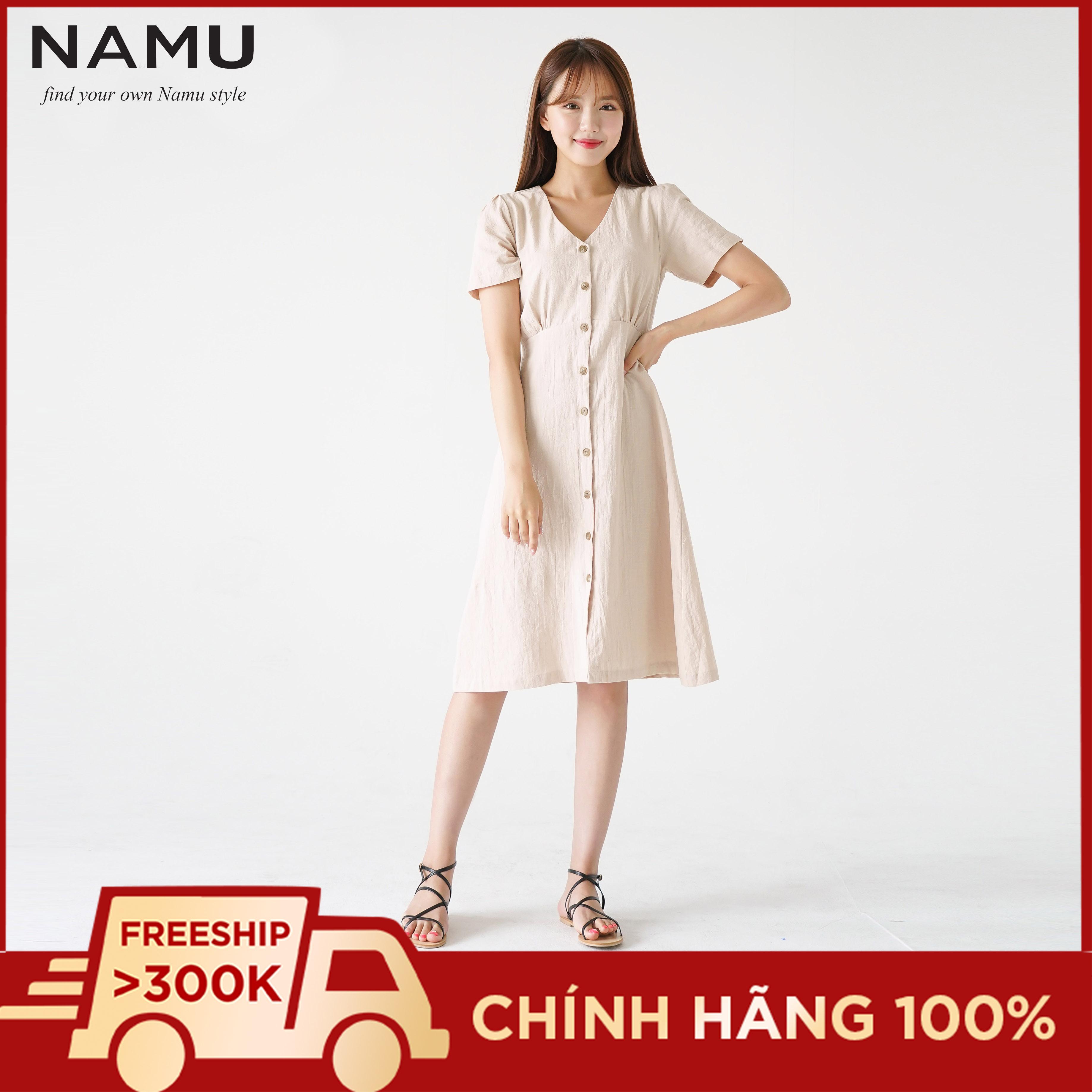 Đầm chữ a vintage hàng nút giữa chất linen namu 907010667