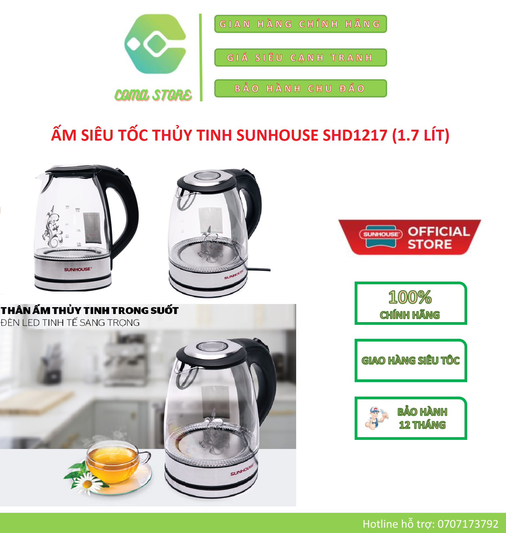 SHD1217 - ẤM SIÊU TỐC THỦY TINH SUNHOUSE 1.7 LÍT – BẢO HÀNH CHÍNH HÃNG 12 THÁNG