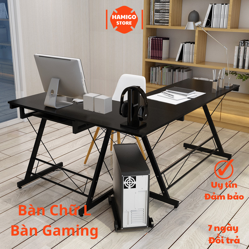 Bàn chữ l, bàn làm việc, bàn gaming ngồi làm việc máy tính chân chéo sc có kệ để cây pc màu đen - trắng size 120x110cm