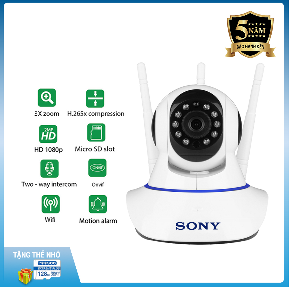 Có Gói combo Kèm Thẻ 128GB-Camera IP Wifi giám sát và báo động SONY 1080P 3 Râu Đàm thoại 2 chiều Bảo hành 5 năm