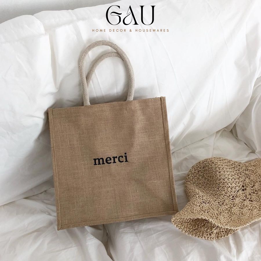 Túi cói merci đi biển, đi du lịch, túi cói đựng đồ tiện lợi, phong cách hàn quốc