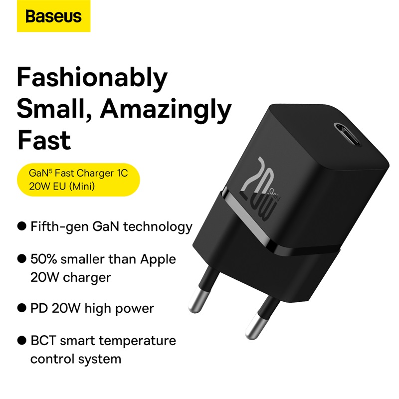 Bộ sạc nhanh Baseus Mini GaN5 20W Type C Fast Charger Adapter EU Plug for iPhone Fast Charger 1C Fast Charge Quick Charge