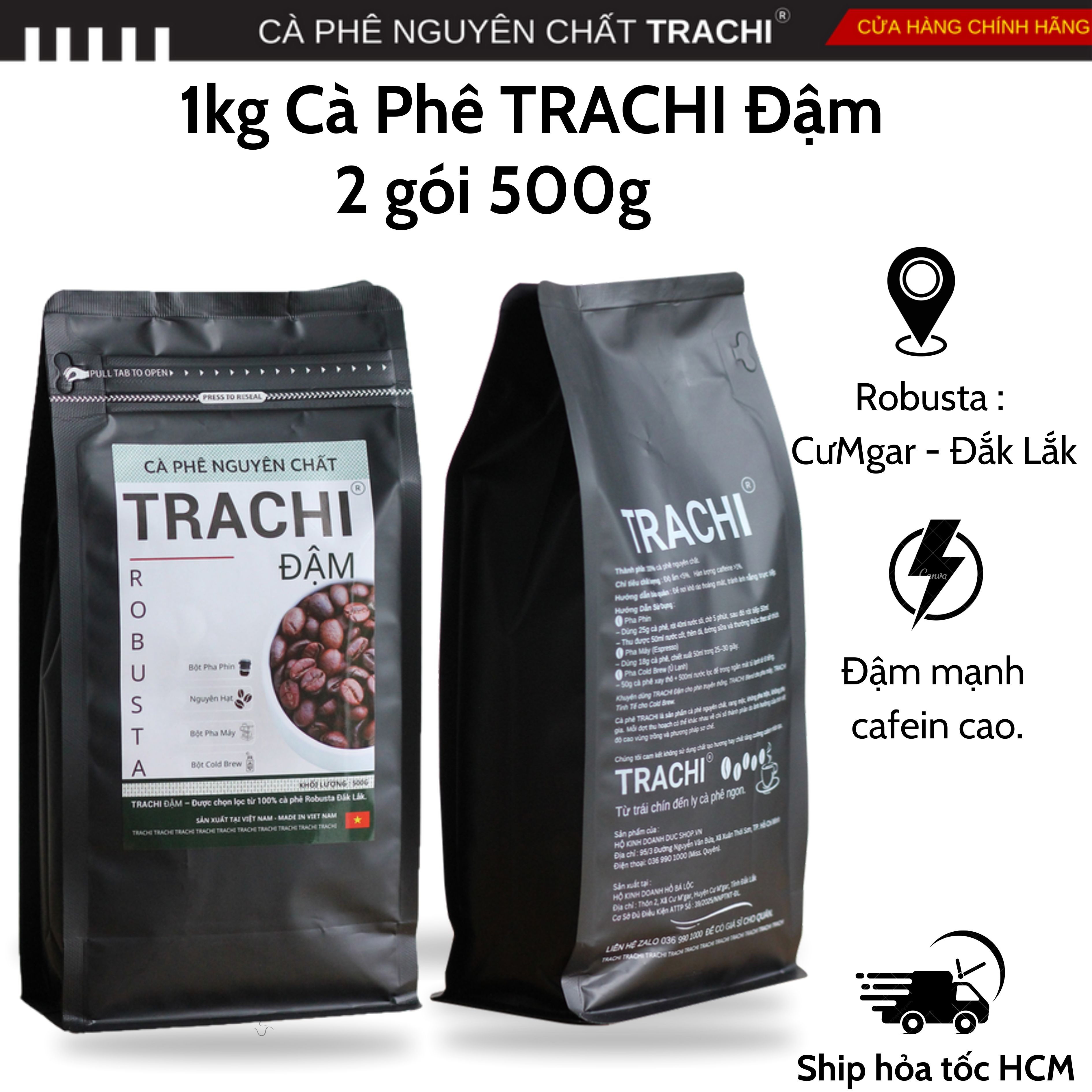 [trợ giá sốc] 1kg Cà Phê Rang Mộc TRACHI đậm với 100% Robusta dùng pha Phin - Pha máy đậm, mạnh, hậu ngọt,cafein cao