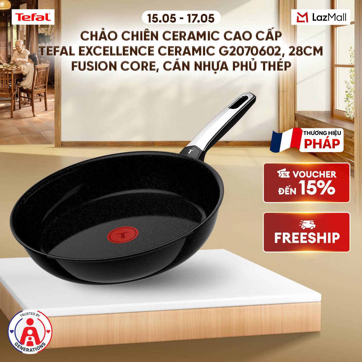Chảo chiên ceramic cao cấp Tefal EXCELLENCE CERAMIC G2070602, 28cm, Fusion Core, cán nhựa phủ thép