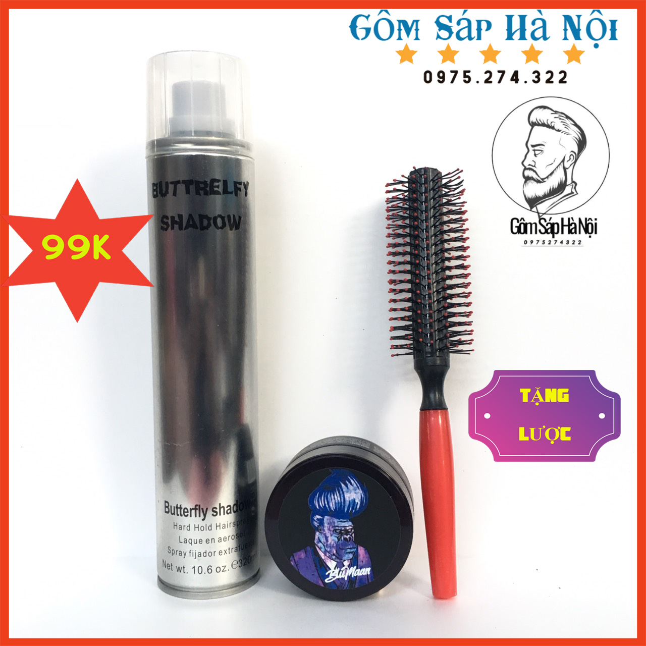 Combo Gôm Bạc Buttre + Sáp Vuốt Tóc Bluman Tê Giác + Lược