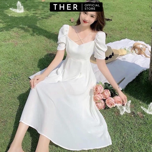 Đầm váy nữ dự tiệc đi chơi chéo dây tay phồng phong cách nàng thơ xinh xắn màu trắng
