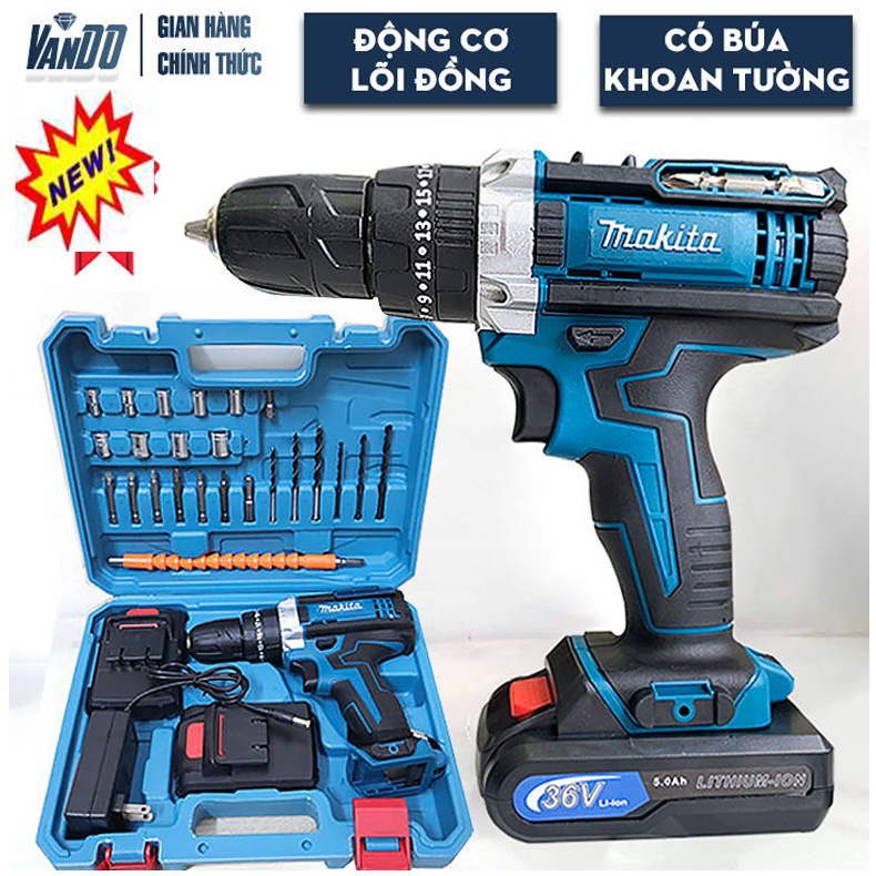 Máy khoan Makita 36V Máy khoan pin makita chính hãng, Máy khoan pin giá rẻ 1 Bộ sản phẩm: 1 Thân máy khoan + 2 Pin + 1 hộp đựng + 1 Dây sạc + 7 Mũi bắt vít + 6 Mũi khoan + 9 đầu khẩu + 1 Bắt vít kéo dài