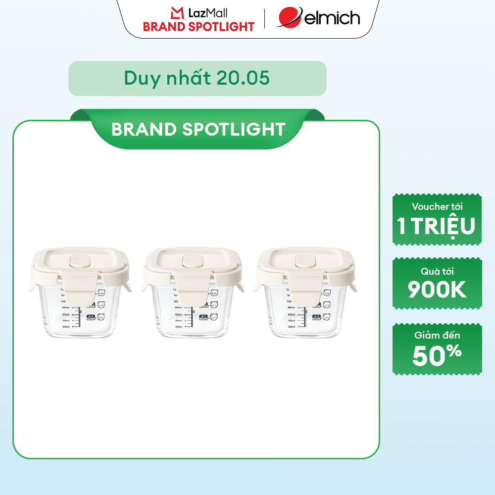 (Chỉ 15-17.06)Bộ ba hộp thủy tinh bảo quản thực phẩm cho bé Elmich BabyCare EL0027, hình vuông, dung tích 160ml