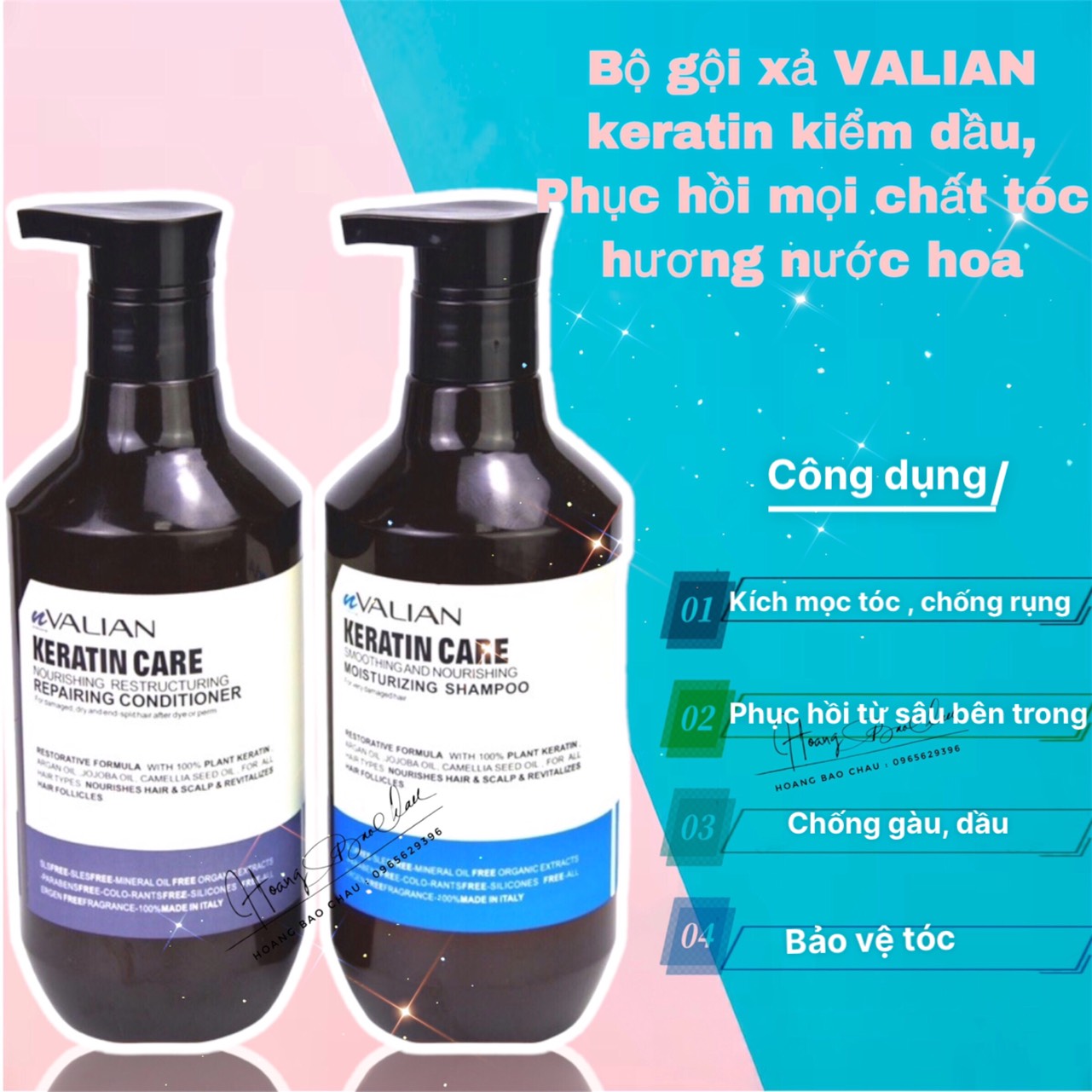 Dầu Gội VALIAN keratin kiềm dầu siêu phục hồi mềm mượt chống rụng tóc cặp 500 ml chính hãng