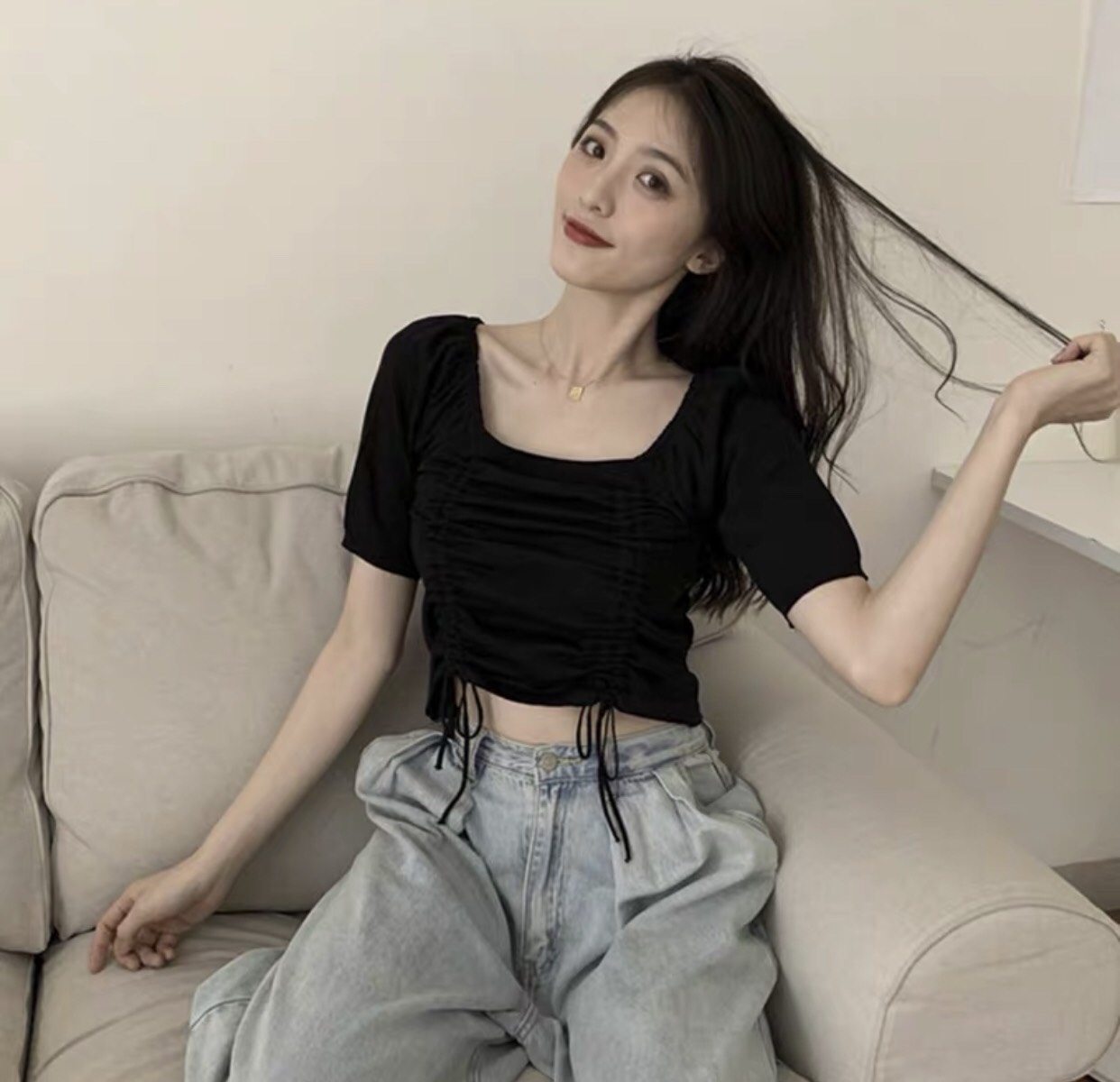 ÁO KIỂU NỮ CHẤT VẢI NHÚN SIÊU XỊN XÒ PHỐI HAI DÂY RÚT CỰC XINH - NAUY