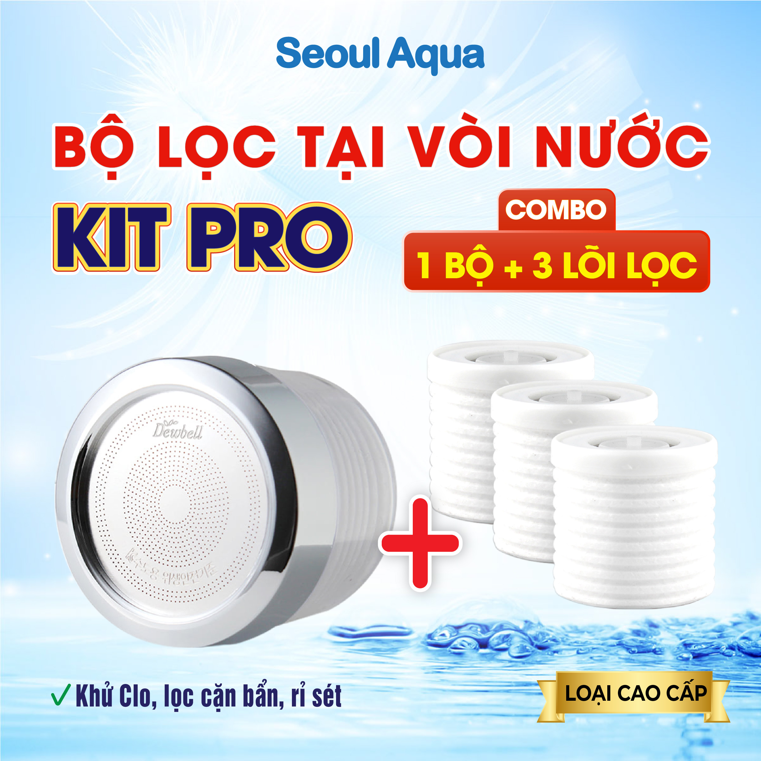 Bộ lọc đầu vòi nước Dewbell Kit Pro khử Clo lọc cặn bẩn bồn rửa mặt, bồn tắm