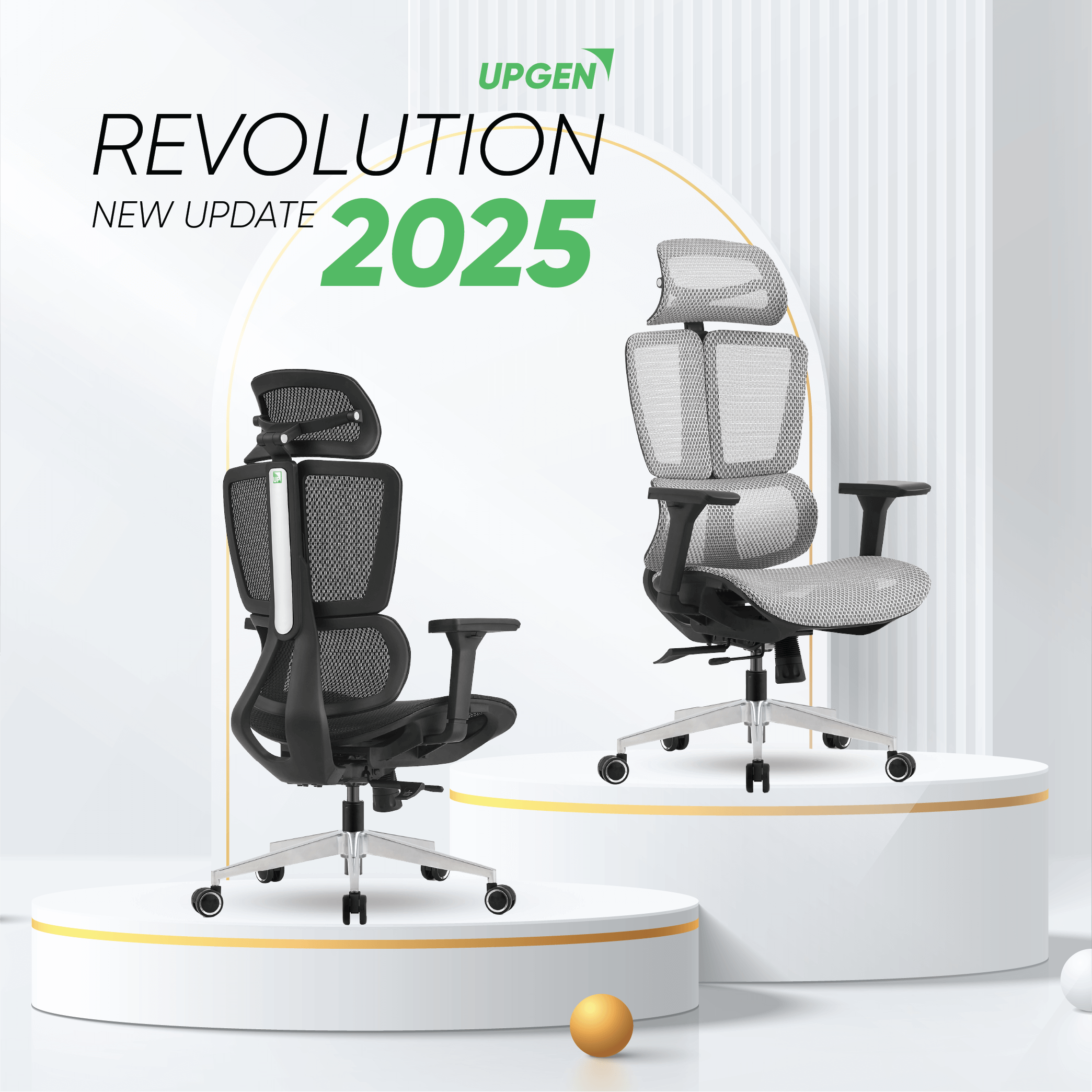 Ghế Công thái học UPGEN REVOLUTION 2025 thiết kế 3 lưng điều chỉnh độc lập, tựa đầu 4D lưới WINTEX thông thoáng