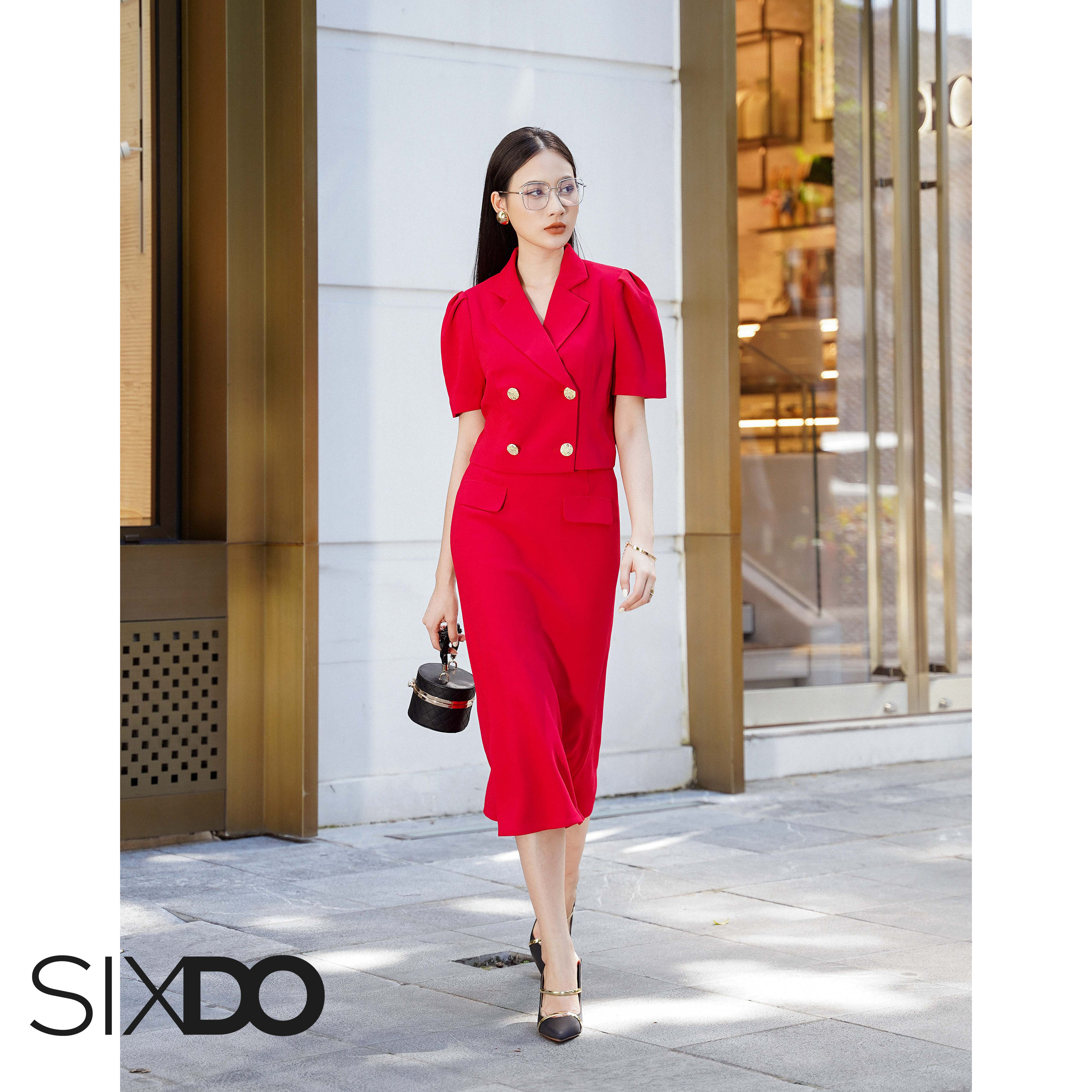 Chân váy đỏ phối túi giả SIXDO