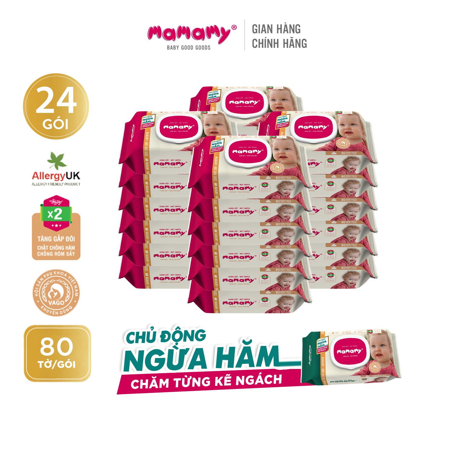 Combo 24 Khăn giấy ướt 80 tờ có nắp chủ động ngừa hăm/x2 chất ngừa hăm Mamamy Không mùi/Mùi dịu nhẹ an toàn cho bé