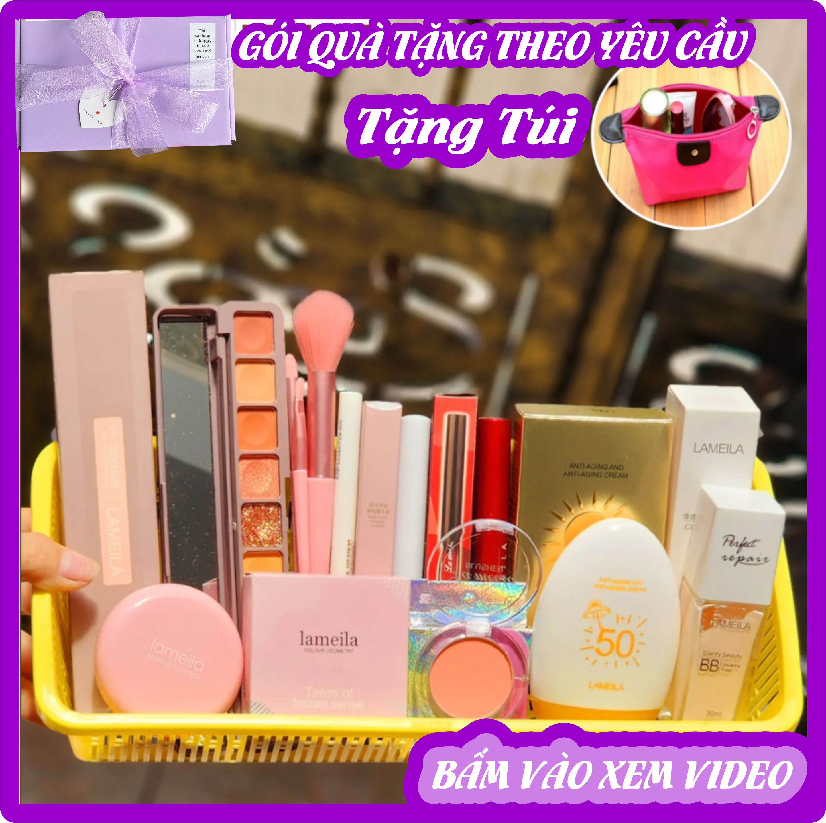 Bộ trang điểm combo makeup đầy đủ phấn mắt + phấn phủ + phấn má + kem nền +kem chống nắng + má hồng + mascara + son + bộ cọ +chì mày