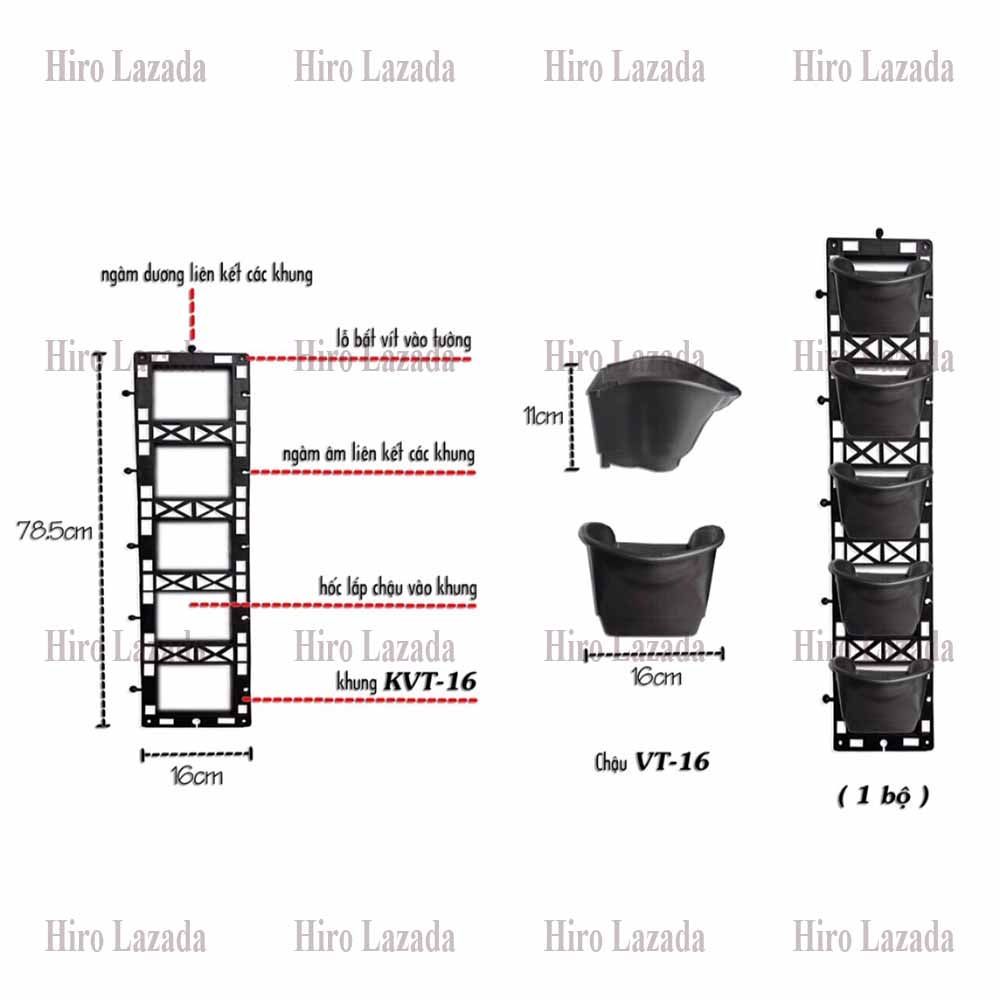 Bộ Khung chậu nhựa đứng VT-16 treo tường trồng cây trồng rau trồng hoa Theo sở thích và có thể lắp ráp theo ý muốn sáng tạo riêng.