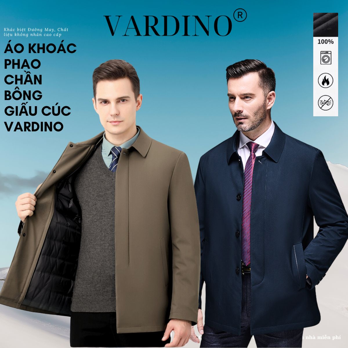 Áo khoác nam trung niên lót phao VARDINO cao cấp có 2 túi trong dáng suông giấu cúc AK72 AK73