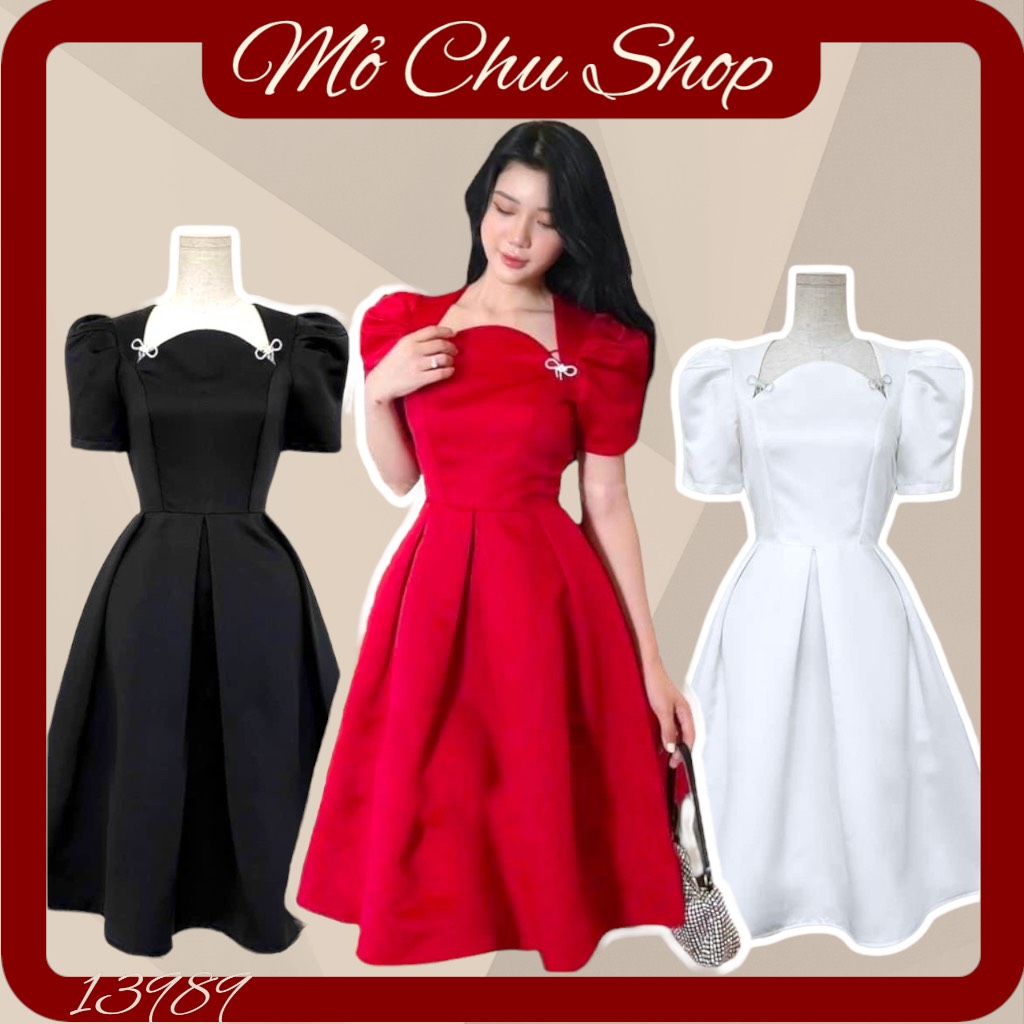 Đầm xòe tapta tay phồng đính tag 13989