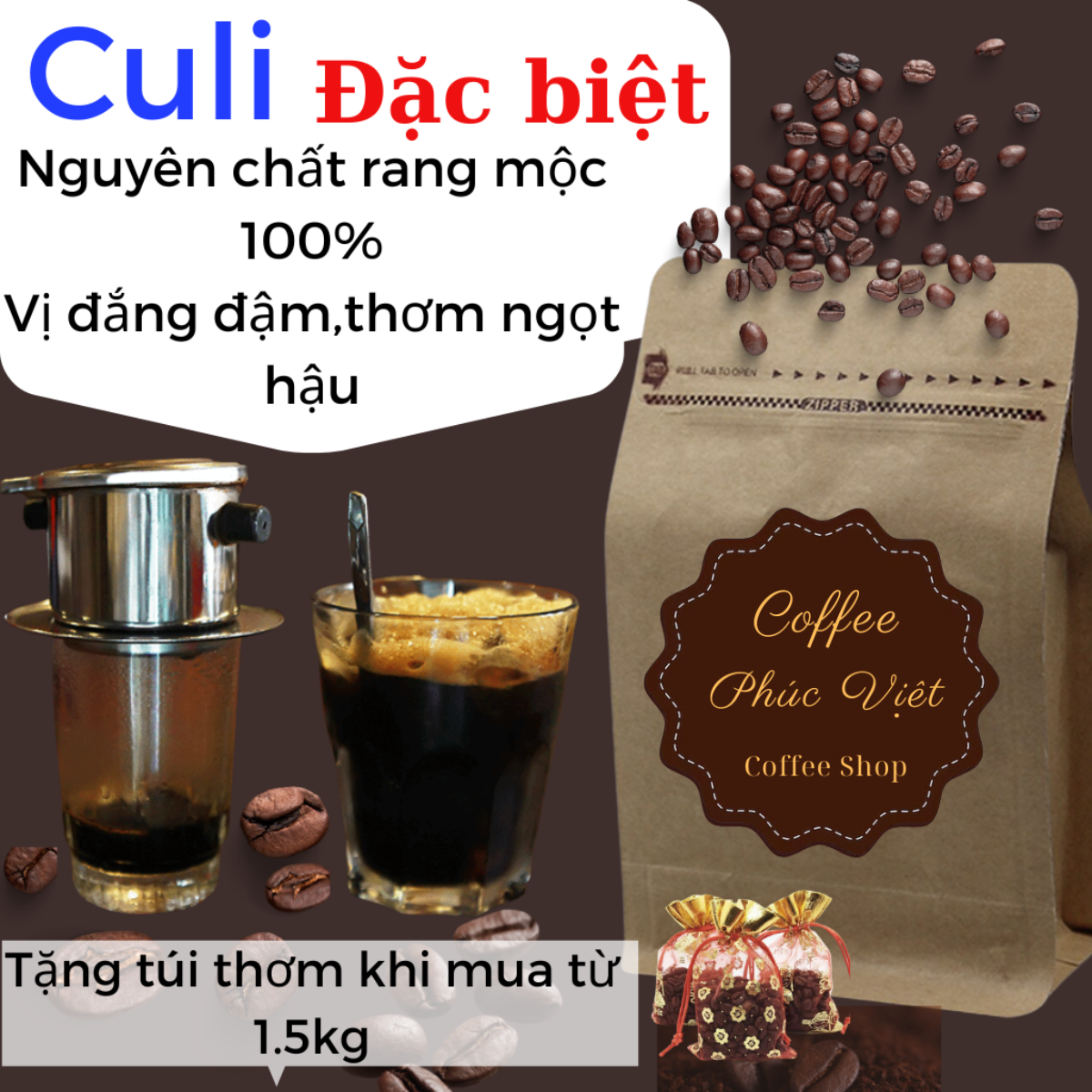 Cà phê CULI nguyên chất rang mộc 100% - Cafe rang xay cực mạnh đắng đậm caffein cao gói 500gr