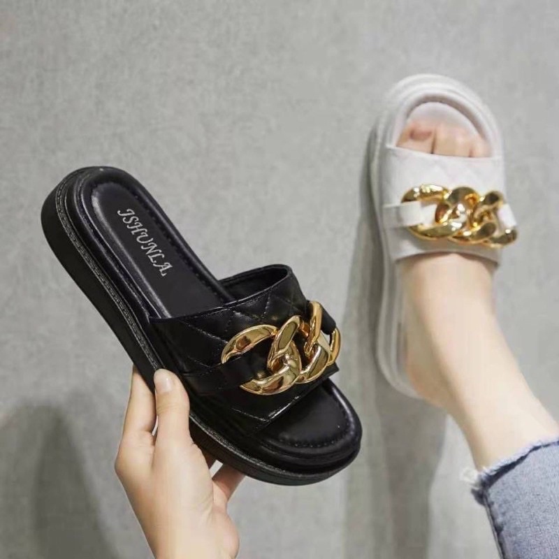 dép dế xuồng xích to màu vàng quai ngang mẫu mới nhất ( 2cm đế PU) HOT SALE
