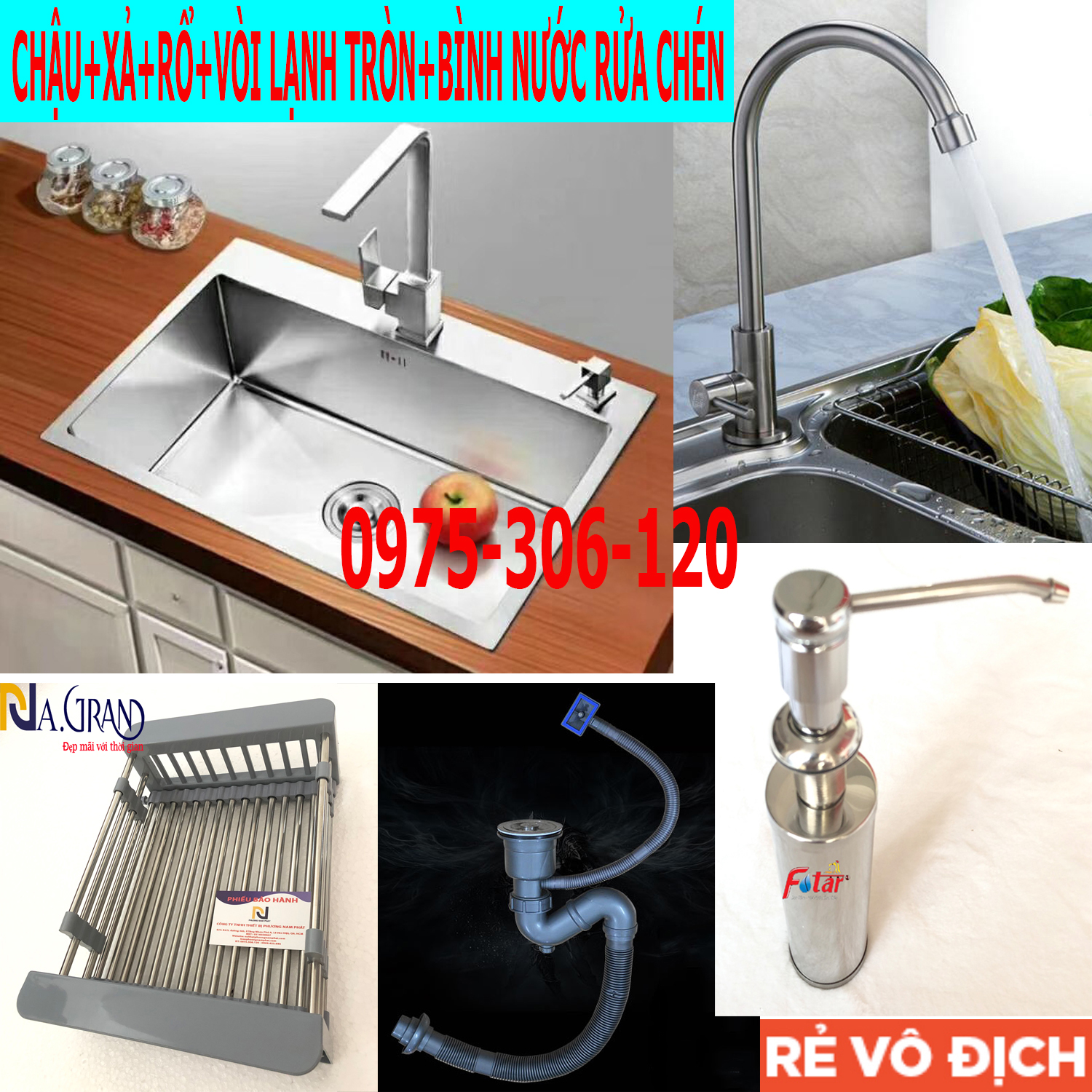Combo Chậu Rửa Chén Bát INOX SUS 304 N17 6045 NA.GRAND và Bộ Xả Chậu và Rổ và Vòi Chén Lạnh và Dây Cấp và Bình Nước rửa chén bồn rửa chén inox