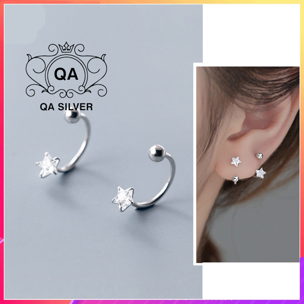 Khuyên tai bạc 925 ngôi sao đính đá chữ c chốt bi vặn bông treo nam nữ s925 star qa silver earrings ea211001