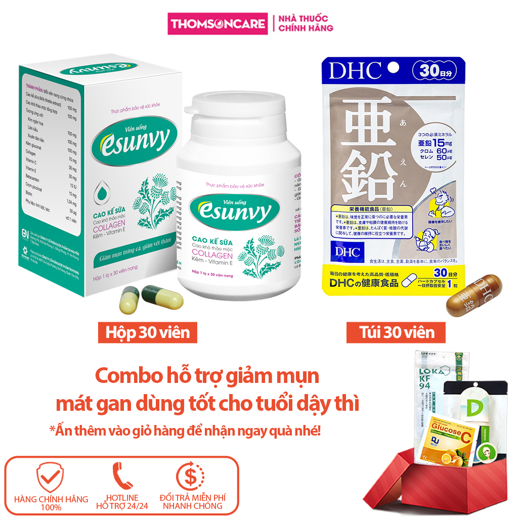 Combo cho người bị mụn Viên uống Esunvy 30v và DHC Kẽm 30v, giúp thanh nhiệt, mát gan, giảm mụn nhọt - Thomsoncare