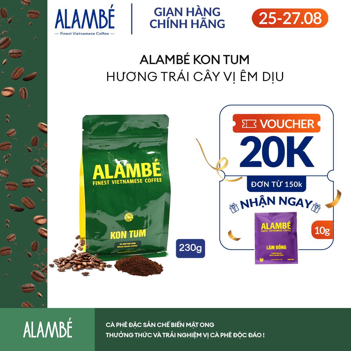 ALAMBÉ Kon Tum 230g - Cà phê rang xay/nguyên hạt Robusta Honey, đắng nhẹ, chua thanh, dịu ngọt, vị caramel
