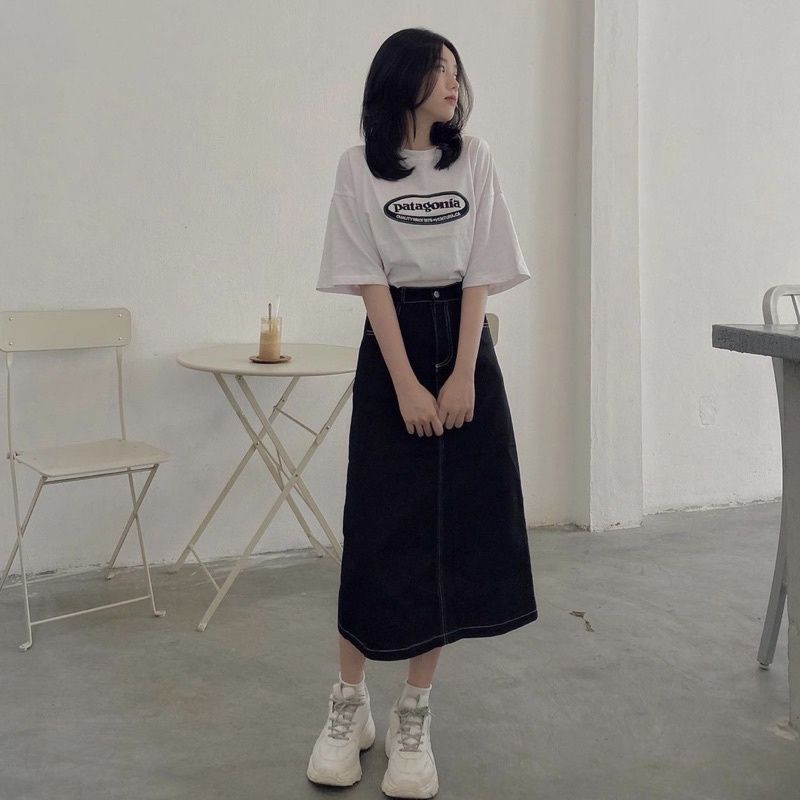 Chân váy bò đen Ulzzang chỉ nổi phong cách Hàn Quốc. Chân váy Hàn Quốc cạp chun xẻ tà