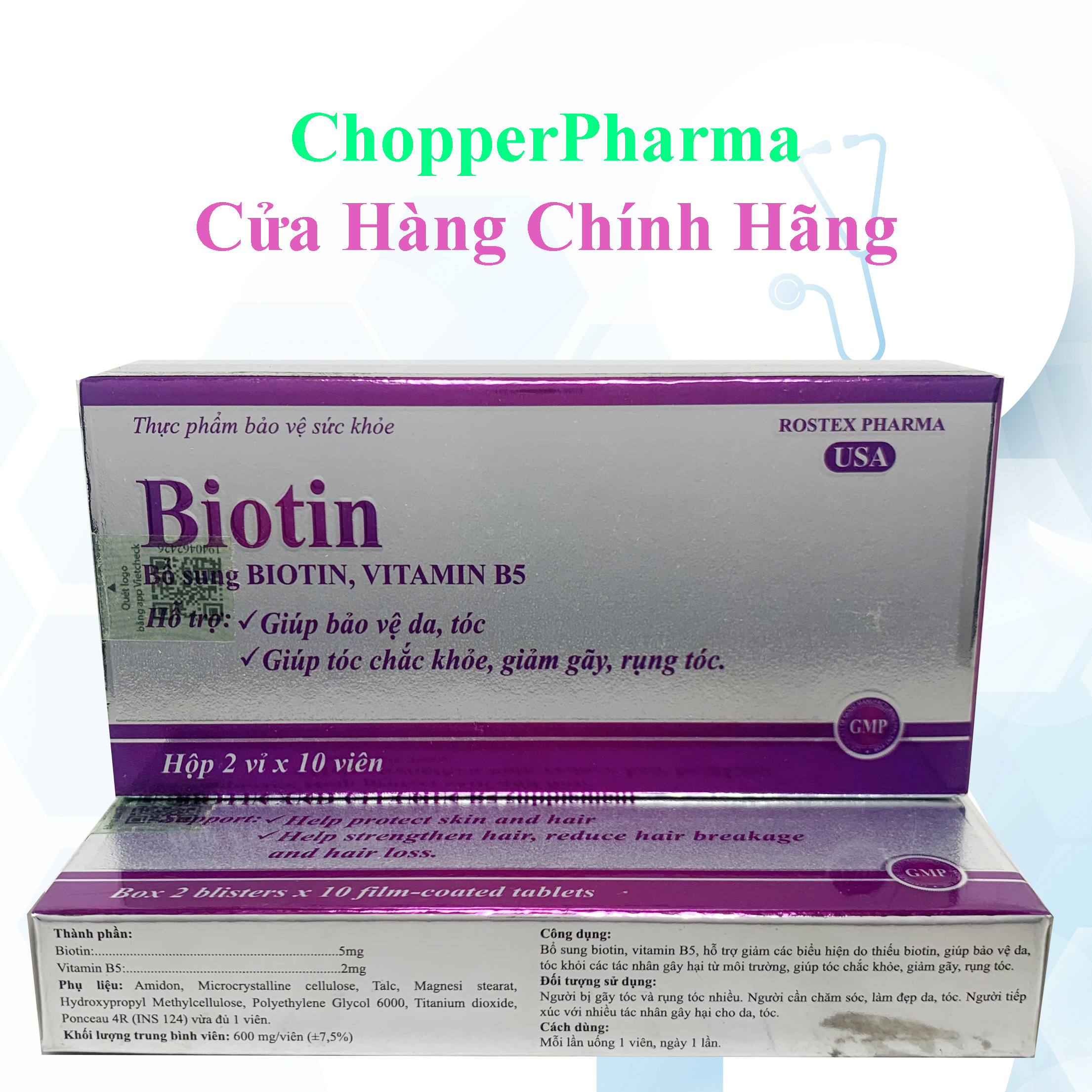 Viên uống Biotin bổ sung Biotin và Vitamin B5 giúp giảm rụng tóc, bảo vệ da, chắc móng - hộp 20 viên