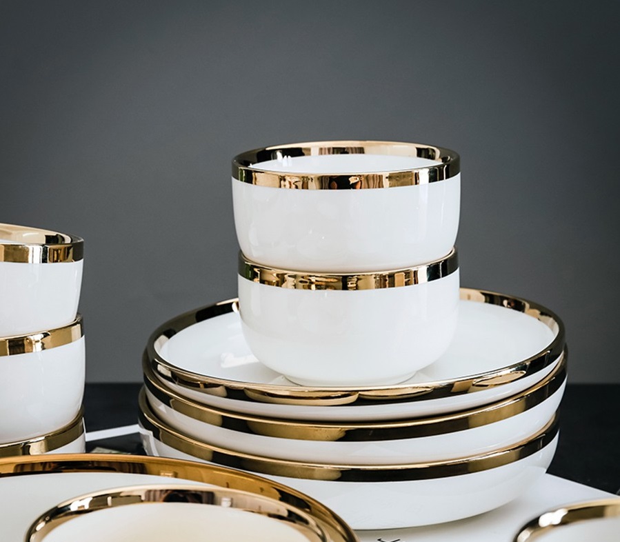 Bộ Bát Đĩa Sứ Màu Trắng Viền Vàng 24k Sang Trọng Phù Hợp Trong Các Bữa Ăn Gia Đình, Tiệc Nhà Hàng