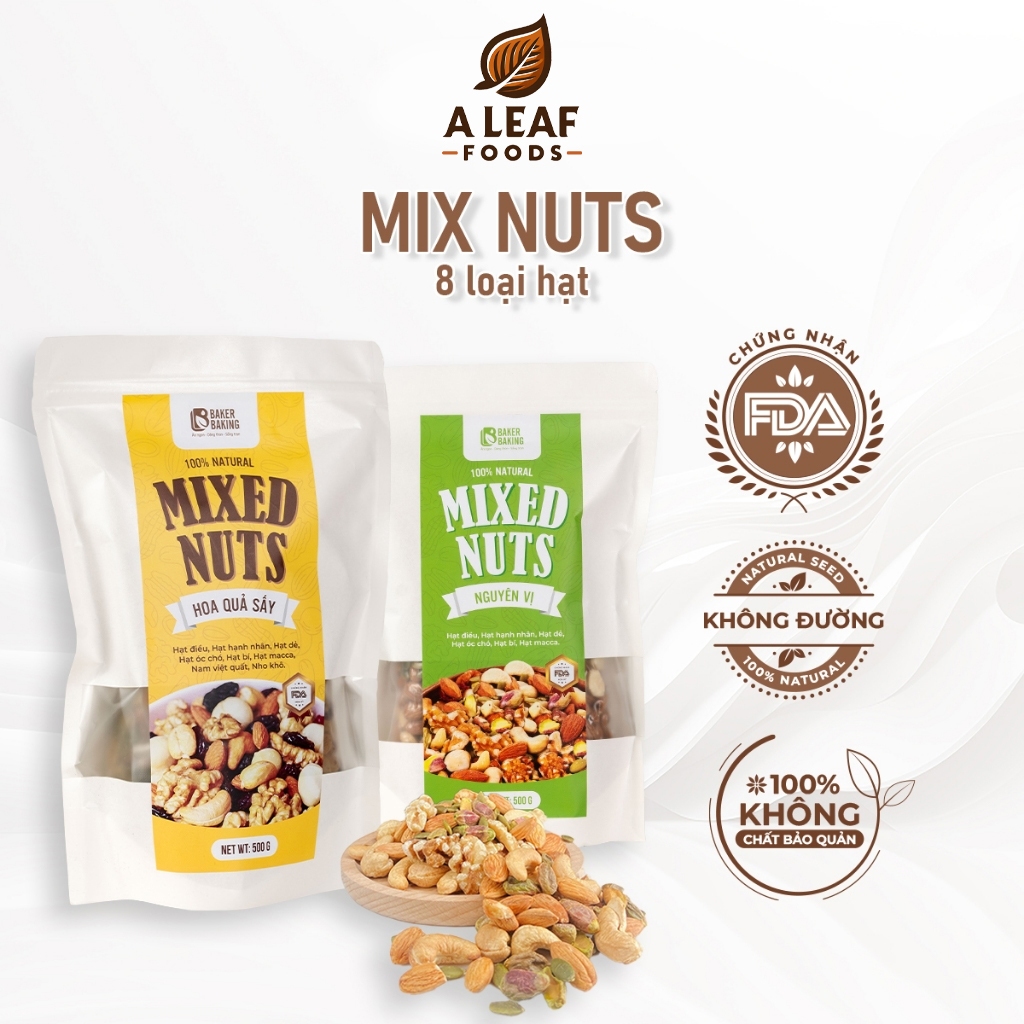 Hạt dinh dưỡng mix 8 loại hạt, Mixed Nuts Baker Baking, ngũ cốc có hoa quả sấy dành cho mẹ bầu ăn vặt, ăn kiêng 300-500g