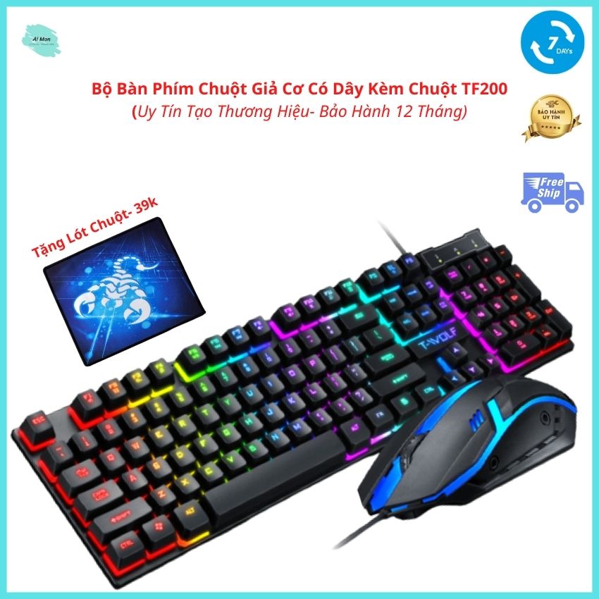 [FREE SHIP+ QUÀ TẶNG-39K]. Bàn Phím Máy Tính TF200 M2. ComBo Bộ Bàn Phím Chuột Có Dây Chơi Game, Nền Cầu Vồng, Đèn Led 7 Màu, Chống Thấm Nước .Cho Máy Tính Bàn Và Sách Tay. Tặng Miếng Lót Chuột- Ai Mon