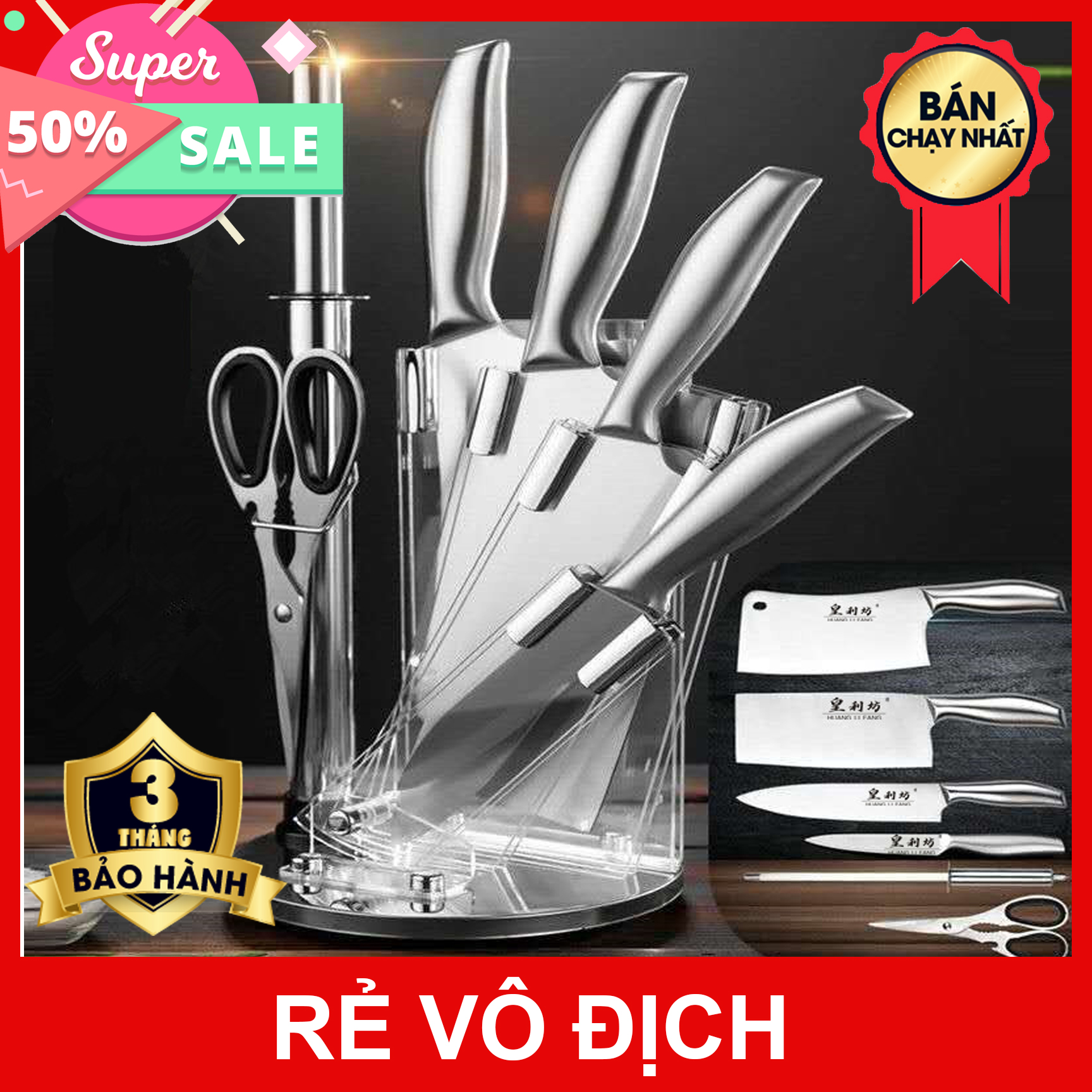 [ BẢO HÀNG ĐỔI TRẢ UY TÍN 1 ĐỔI 1] Hàng Đẹp Giá Sốc - Bộ dao Nhật Bản Seki 5 món làm từ thép không gỉ ( có kệ để dao) , dao chặt xương, dao thái, kéo, dụng cụ mài dao cao cấp