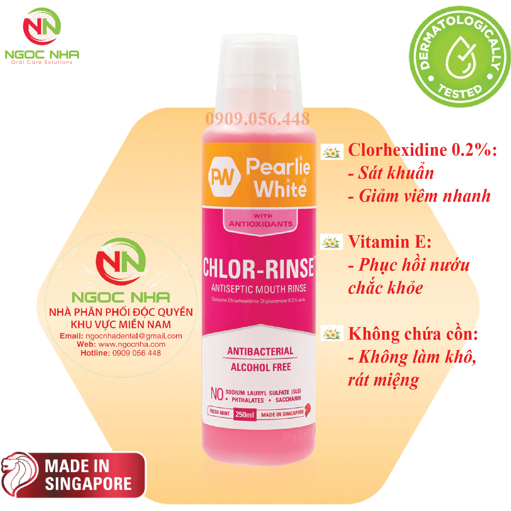 Nước súc miệng ngăn ngừa viêm nha chu, nhiệt miệng/ viêm loét miệng, viêm nướu/ chảy máu chân răng, giảm hôi miệng Pearlie White 250ml/ Singapore